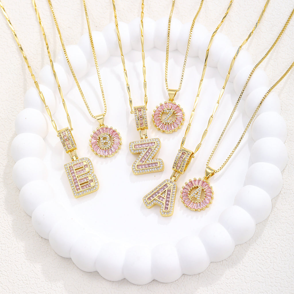 26 Letter Pendant Necklace Copper Inlaid Zirconium Plated Real Gold