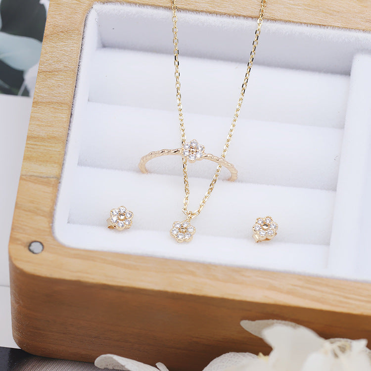 Fresh Sweet And Simple Flower Set Sterling Silver Ring Necklace