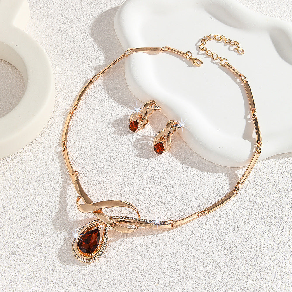 Gold Inlaid White Rhinestone Brown Crystal Necklace And Earrings Suite