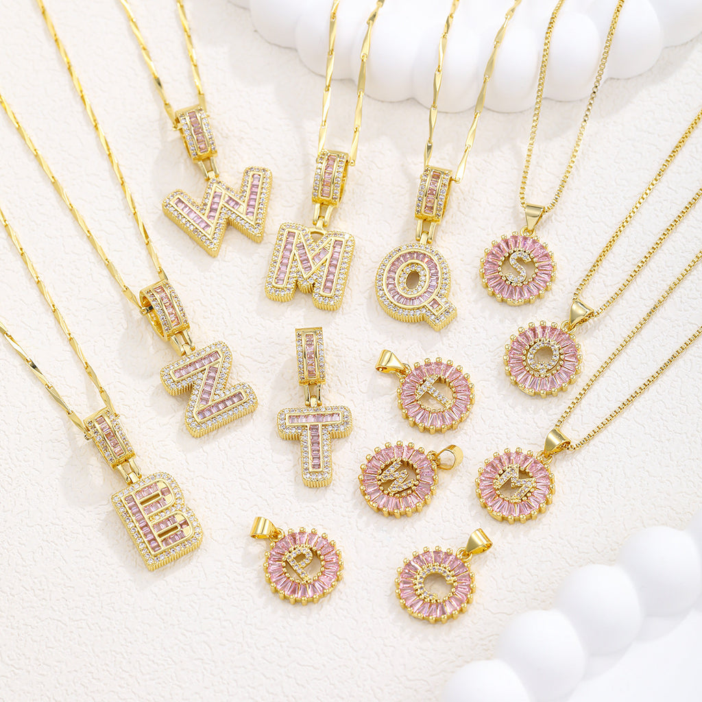 26 Letter Pendant Necklace Copper Inlaid Zirconium Plated Real Gold