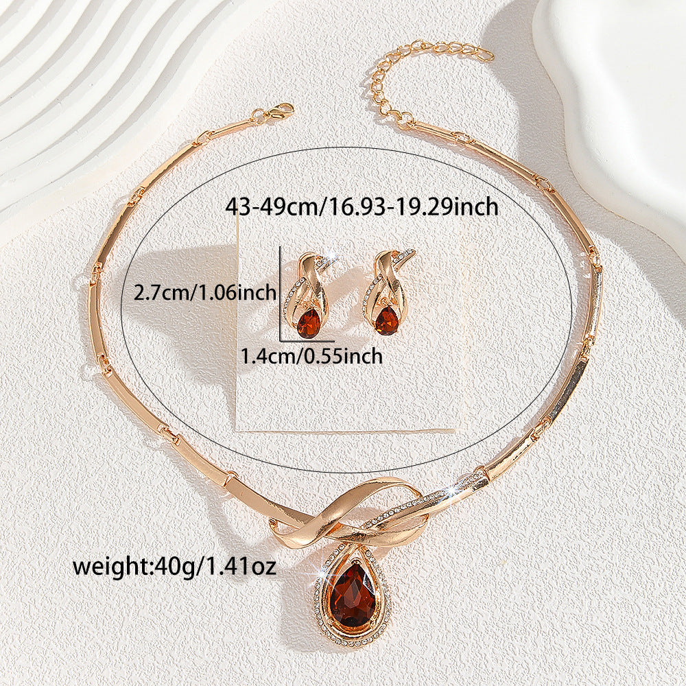 Gold Inlaid White Rhinestone Brown Crystal Necklace And Earrings Suite